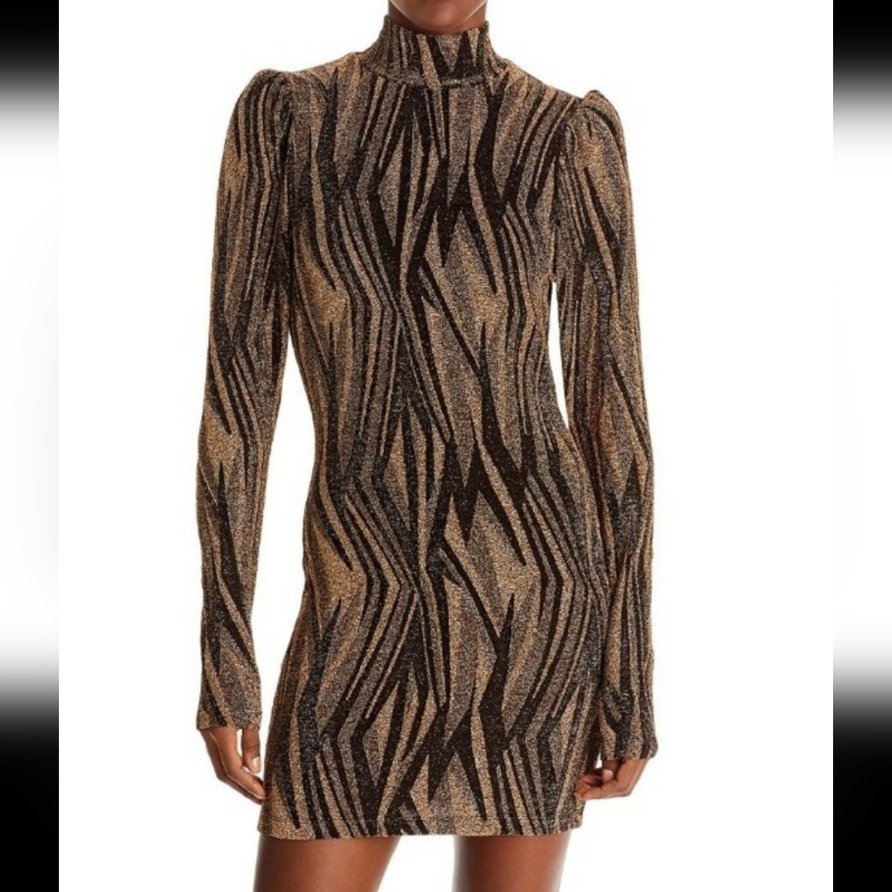 AQUA RAMYA ABSTRACT GOLD BLACK MOCK NECK METALLIC DRESS XS NWT LONG SLEEVE